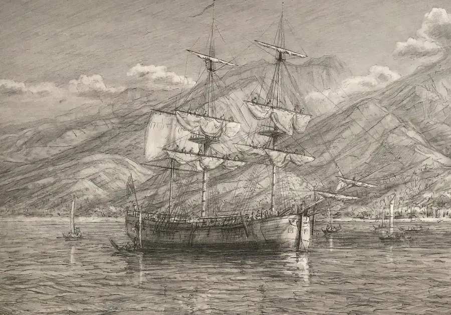 Drawing of HMS Endeavour at anchor off Tahiti by Gregory Smith, with the island rising beyond the ship