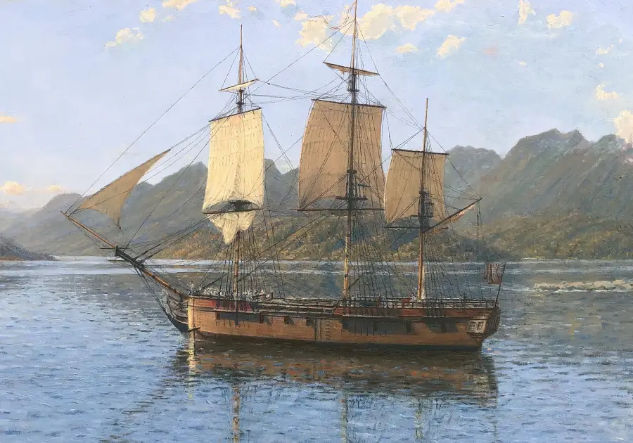 Detail from an oil painting of HMS Resolution in Dusky Sound, New Zealand, painted by Gregory Smith