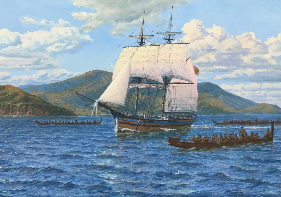 Oil painting of survey vessel Lady Nelson approaching the Bay of Islands, New Zealand, by Gregory Smith