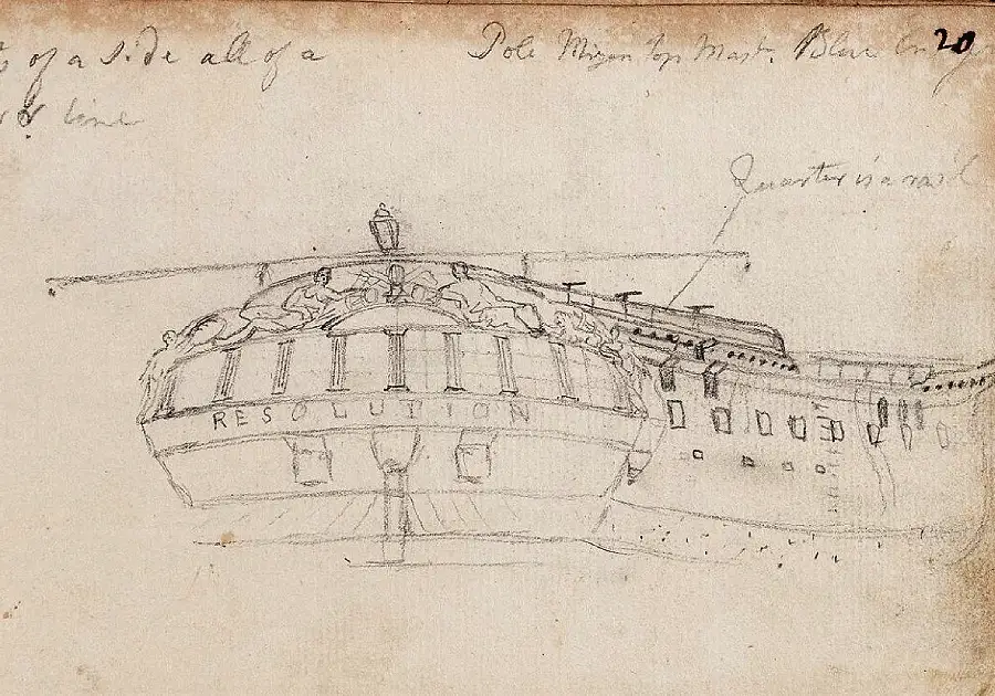 Sketch of HMS Resolution's stern from Thomas Luny's sketchbook, used as reference for painting
