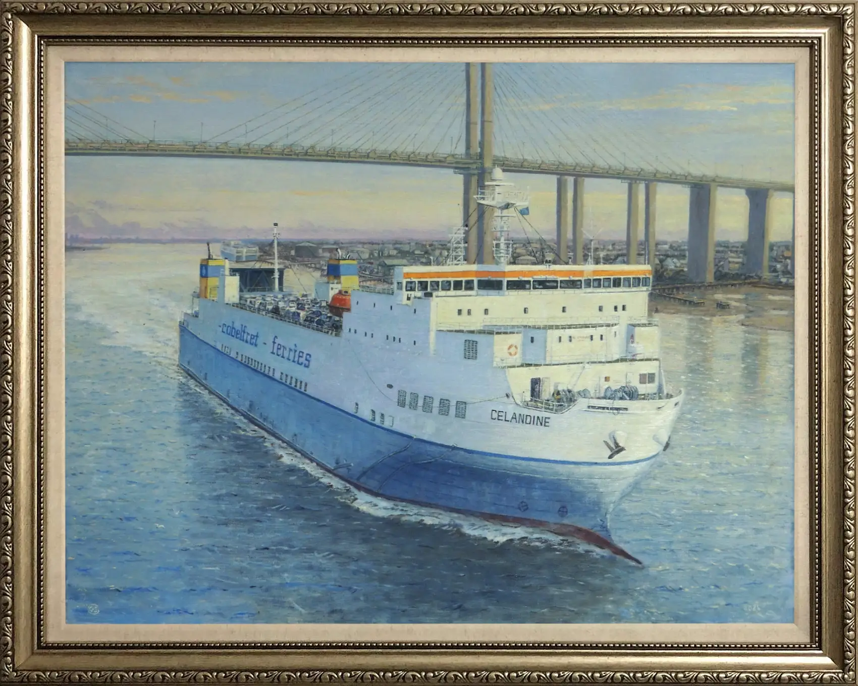 Framed RoRo Vessel Celandine by Purfleet with QE2 Bridge in background, sunrise oil painting by Gregory Smith