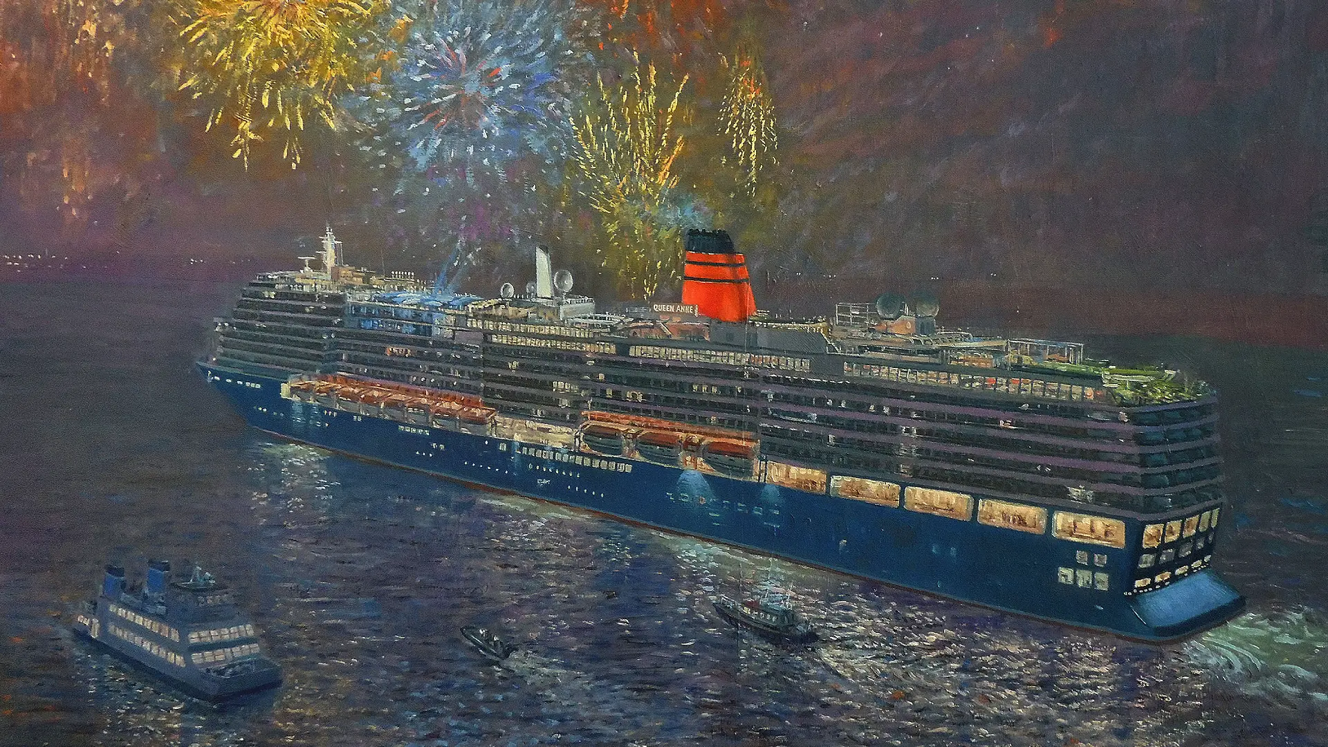 Queen Anne maiden voyage southampton fireworks night oil painting by gregory smith