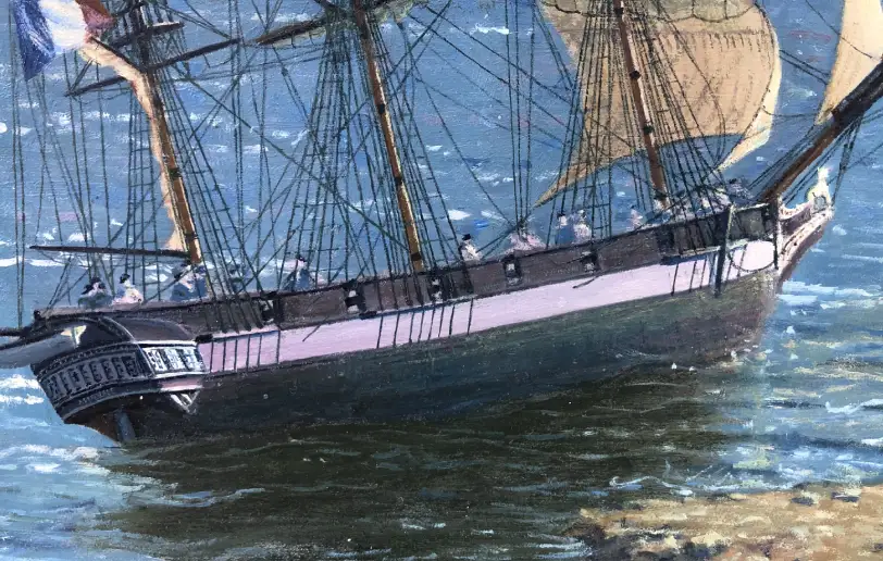 Close up of the hull of the Astrolabe leaning dramatically in the water, showing the French flag flying at the stern and figures struggling on deck.