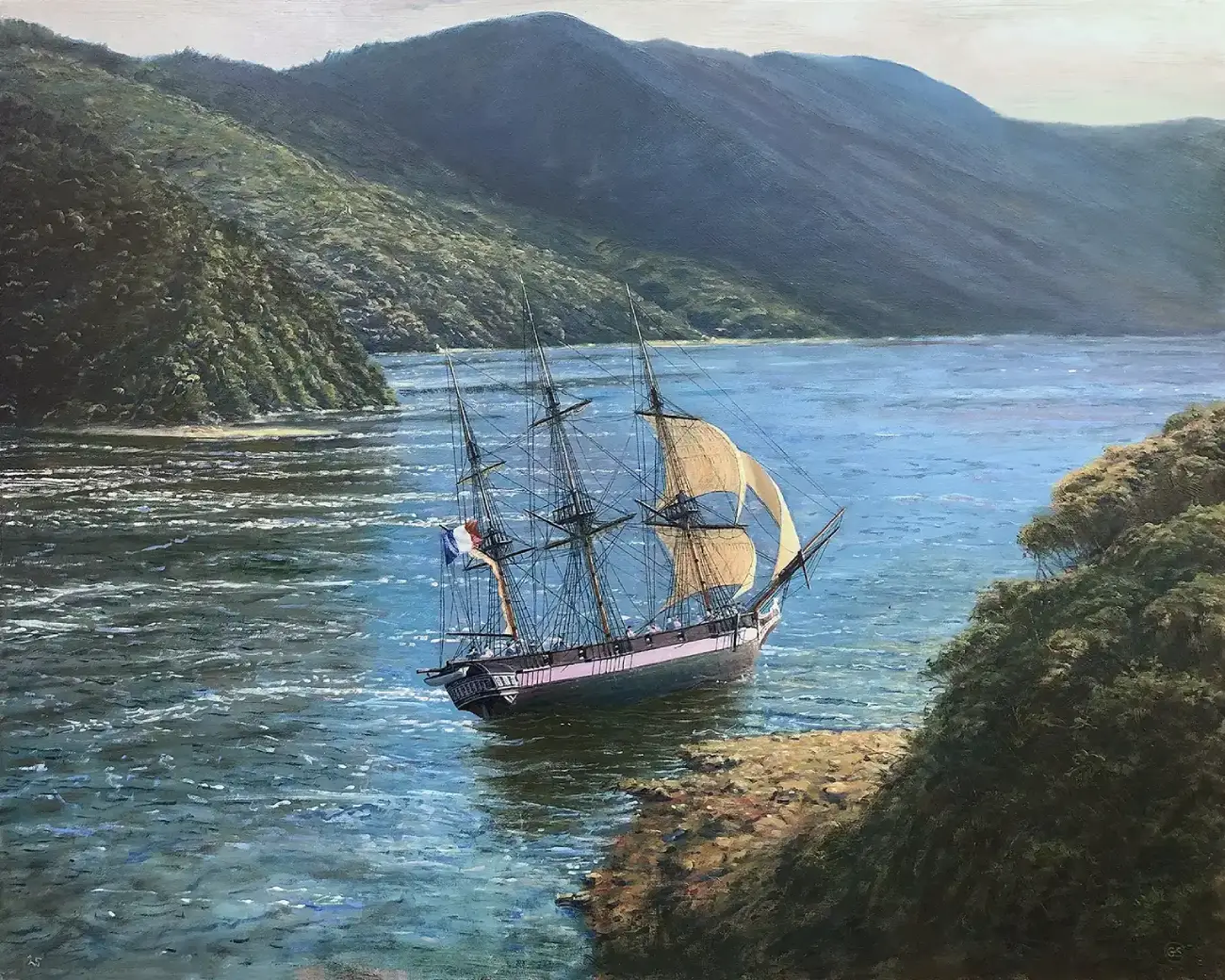 Oil painting of the French exploration ship Astrolabe navigating a dramatic and narrow coastal passage.