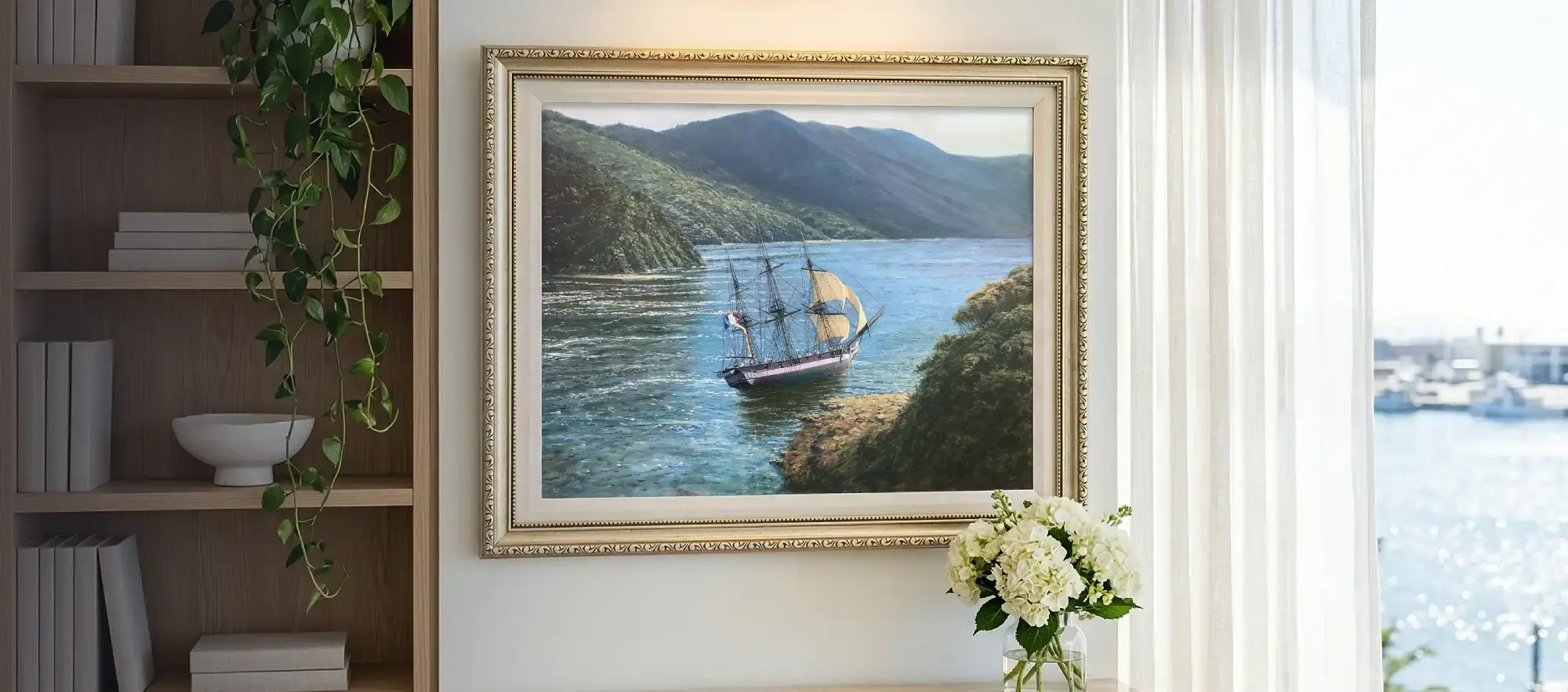 Framed painting of the Astrolabe hanging on a bright wall above a wooden console table adorned with a vase of white hydrangeas.