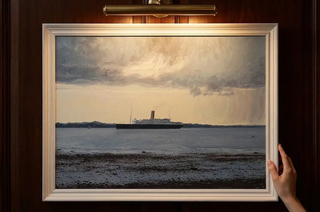 A person's hands adjusting the framed painting against rich dark wooden wall panelling under a warm picture light.