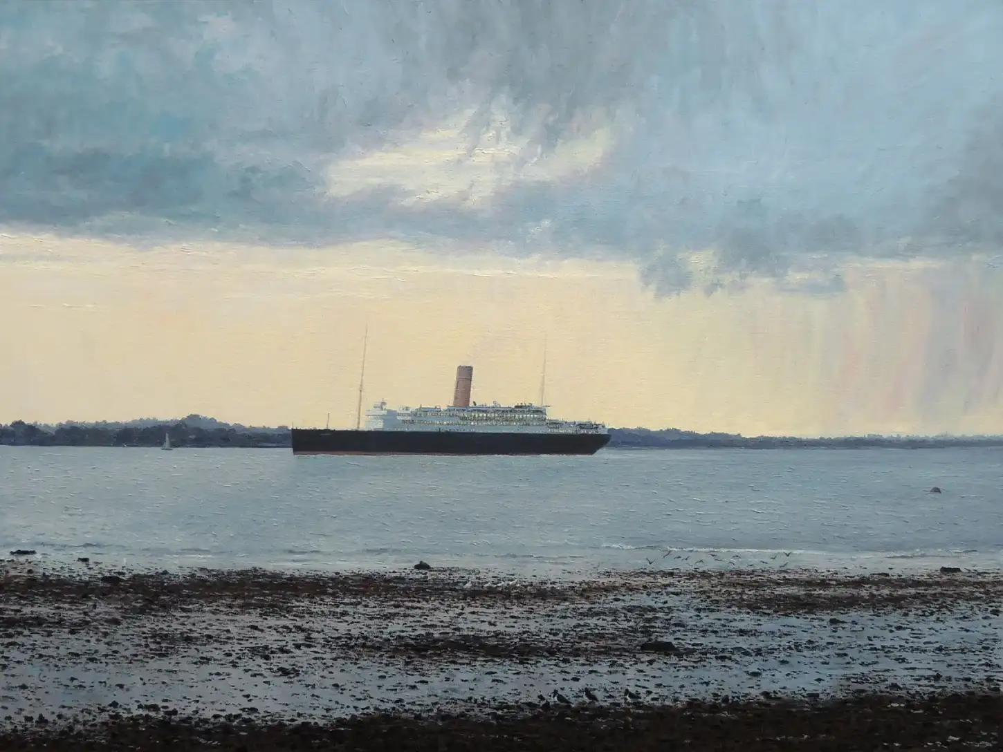 Oil painting of the hospital ship RMSP Asturias departing the Solent at evening with a rocky shore in the foreground.
