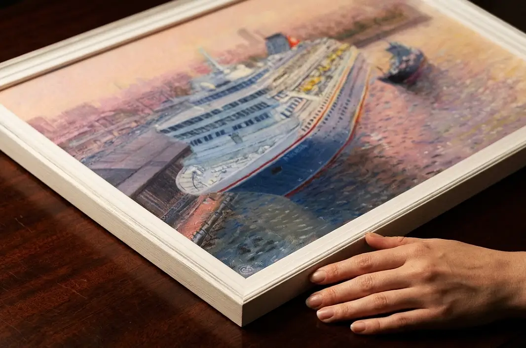 A person's hands adjusting the framed painting against rich dark wooden wall panelling under a warm picture light.