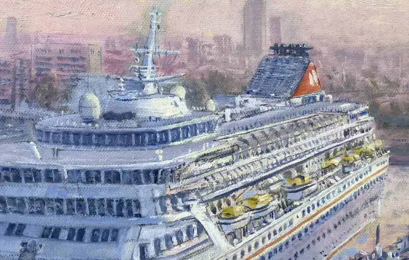 Close up of the cruise ship Balmoral's superstructure and lifeboats reflecting the warm morning light.