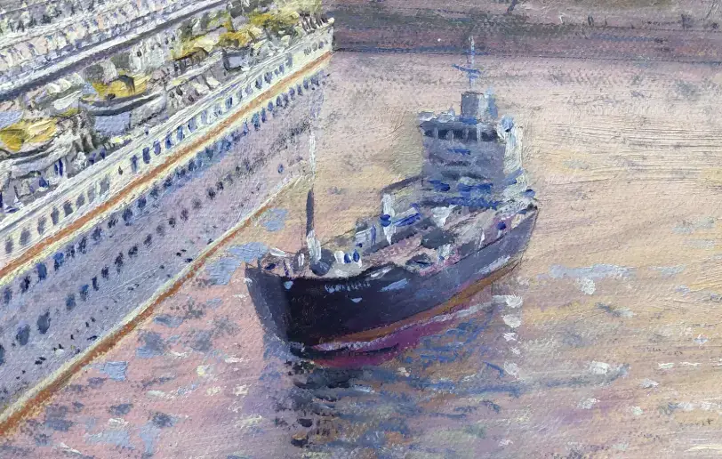 Close up of the smaller tanker Whitchampion approaching on the shimmering pink and gold water.