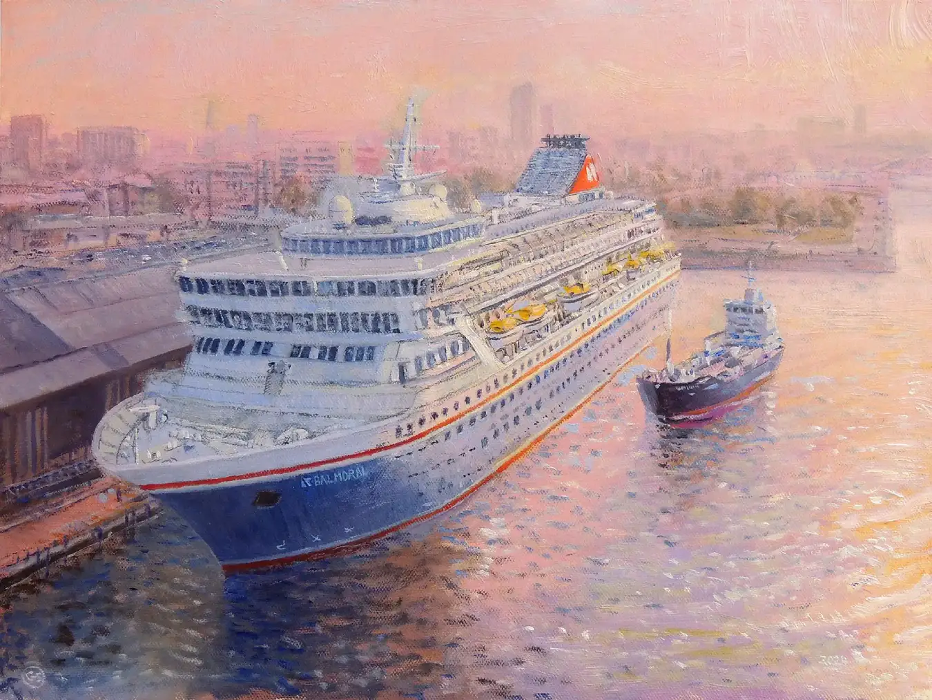 Oil painting of the cruise ship Balmoral docked in Southampton during a glowing pink sunrise, with a small tanker approaching.