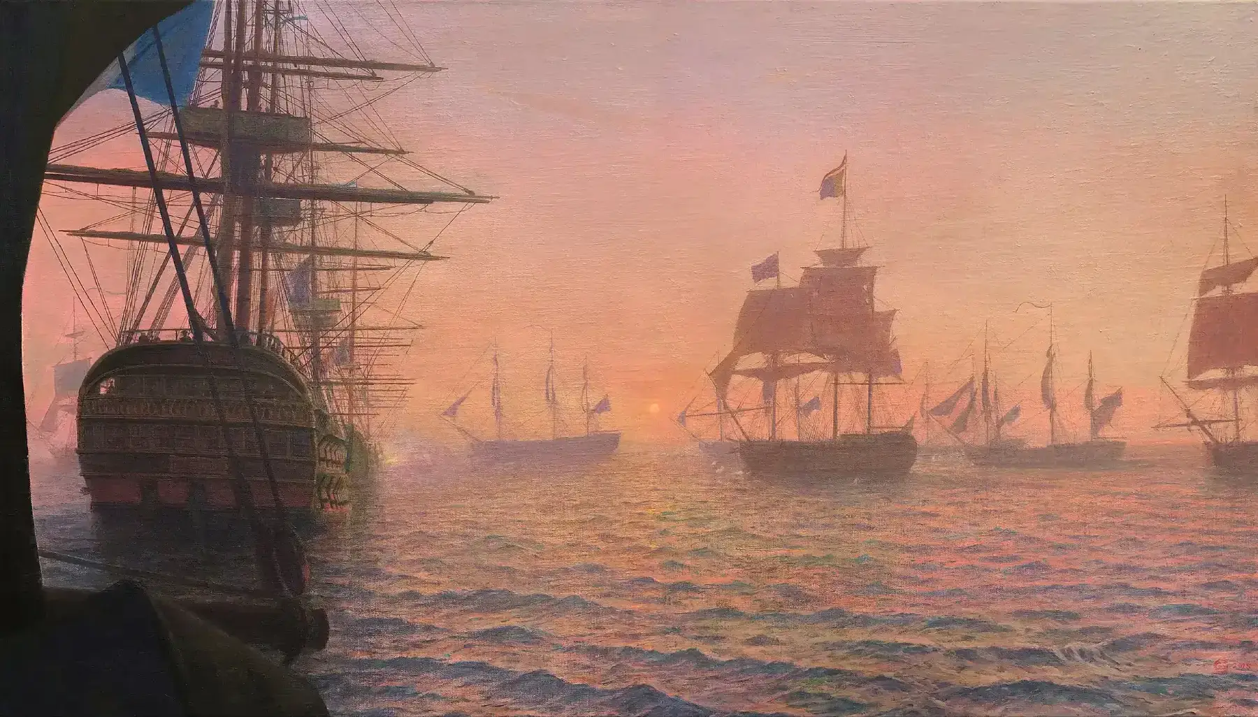 Oil painting showing the Battle of the Nile at sunset, viewed from the dark perspective of a ship's forward gunport. Historic sailing warships, including the jury-rigged HMS Vanguard, float on glowing pink and orange waters.