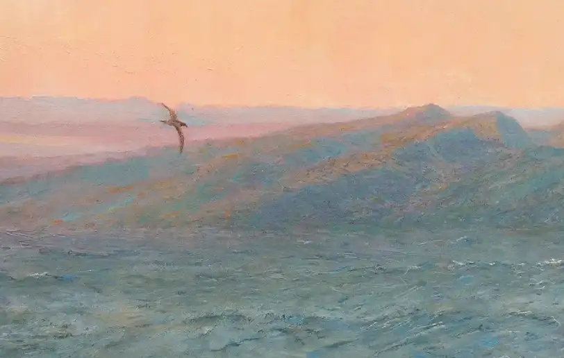 Close up of the left side of the painting showing the hazy, mountainous Tahiti coastline at dawn and a Tahiti petrel bird flying low over the ocean waves.