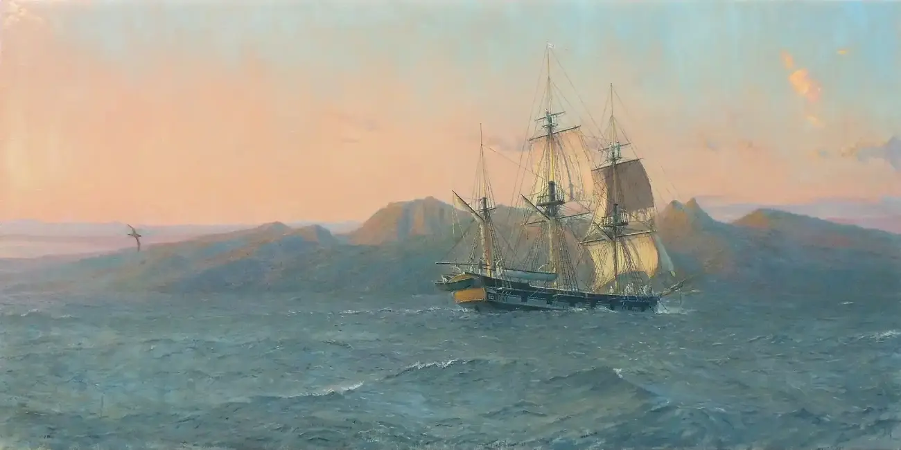 Panoramic oil painting of HMS Beagle arriving off the mountainous coast of Tahiti at dawn.
