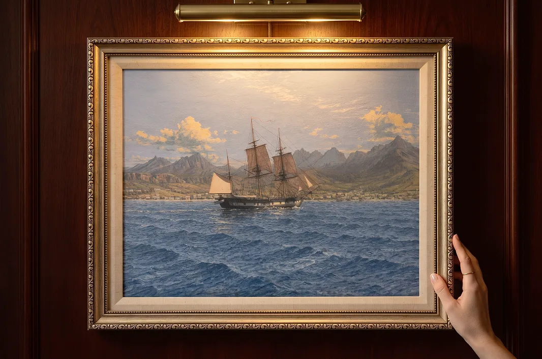 The framed HMS Beagle oil painting mounted on rich wood panelling illuminated by a brass picture light.