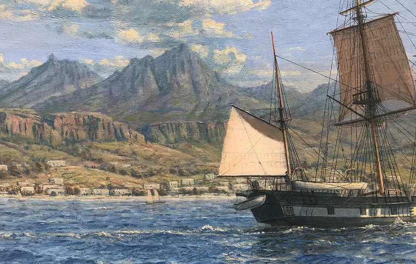 Close-up detail of HMS Beagle's sails, rigging, and quarterdeck as she cuts through deep blue ocean waves.