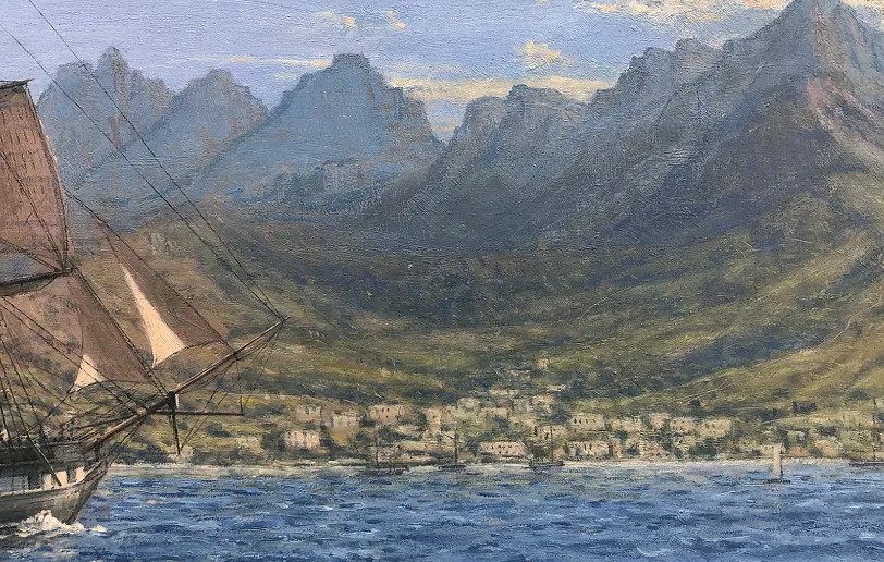 Close-up detail showing the dramatic volcanic mountain peaks and cloud formations of Mauritius in oil paint.