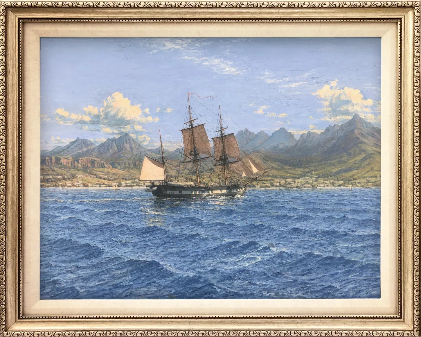 Oil painting of HMS Beagle under full sail off the coast of Mauritius, housed in a bespoke champagne gold frame with a white linen slip.