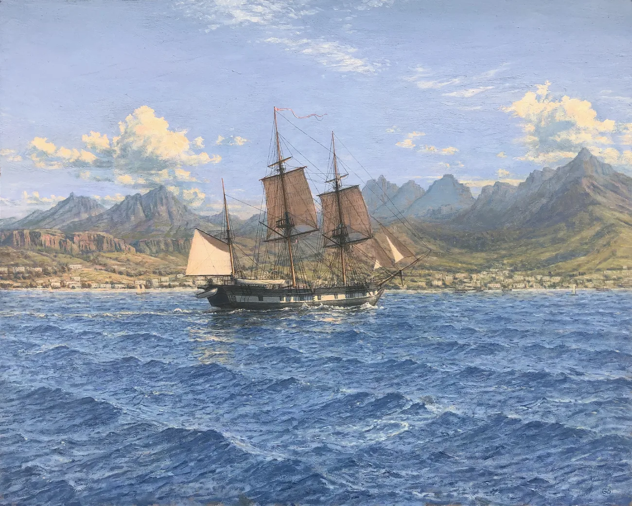 Historical marine oil painting of HMS Beagle sailing towards Port Louis, Mauritius, set against dramatic volcanic mountain peaks and deep blue sea.