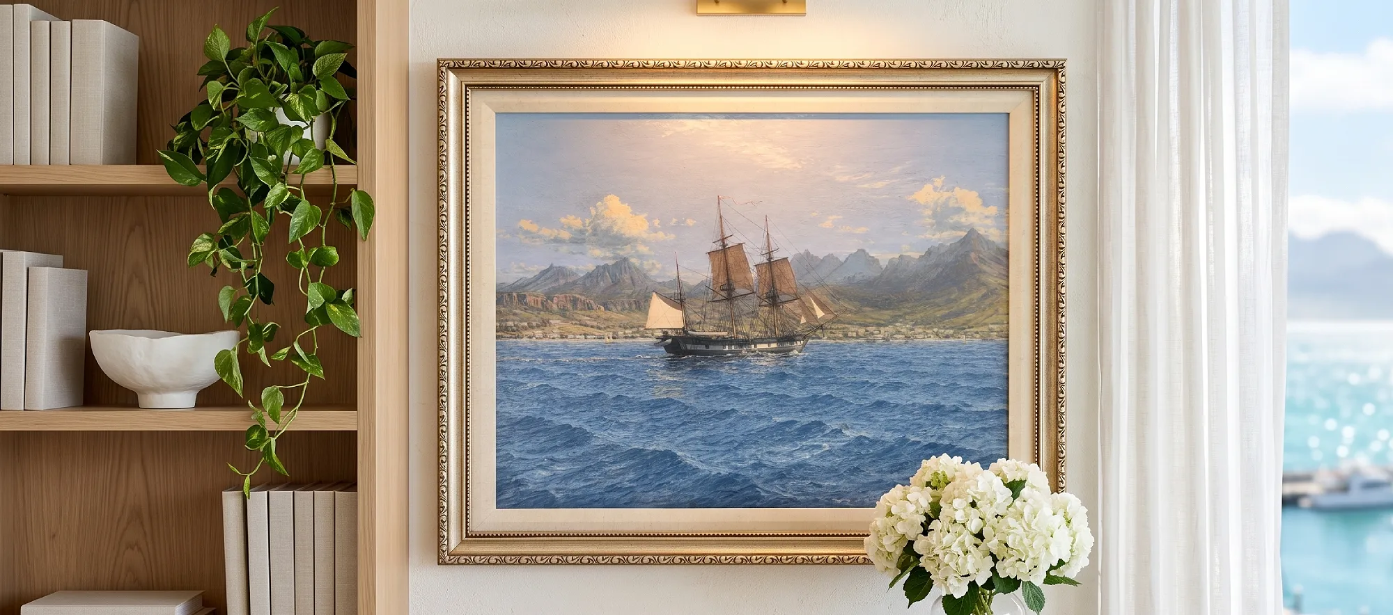 Framed historical oil painting of HMS Beagle off Mauritius elegantly hung above a wooden console table with fresh white hydrangeas.