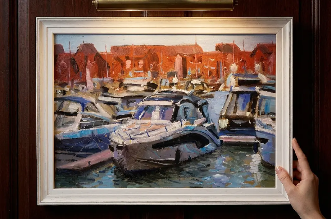 A person's hands adjusting the framed painting against rich dark wooden wall panelling under a warm picture light.