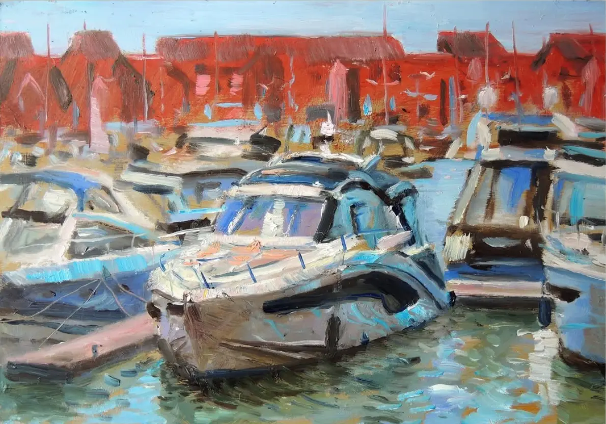 Impressionistic plein air oil painting of modern motorboats moored in Ocean Village marina against a backdrop of red brick buildings on a bright day.