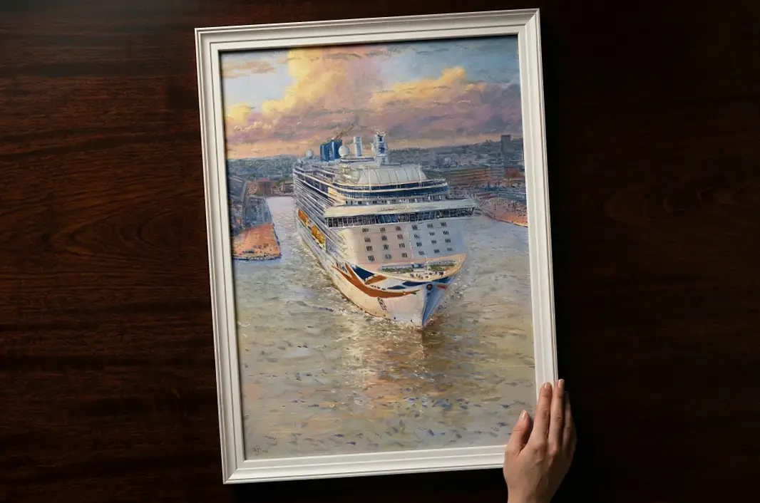 A person's hands adjusting the vertically framed painting against rich dark wooden wall panelling.