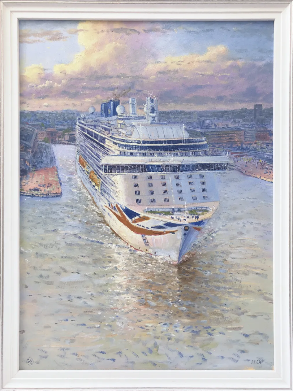 Oil painting in a white wood frame showing the large cruise ship P&O Britannia sailing towards the viewer, departing Southampton under a warm late afternoon sky.