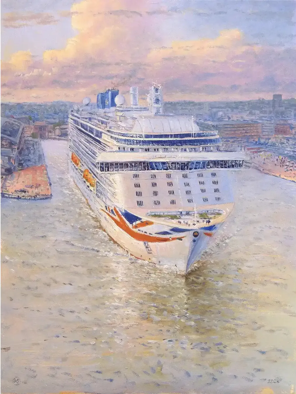 Oil painting of the P&O cruise ship Britannia departing Southampton in the late afternoon.