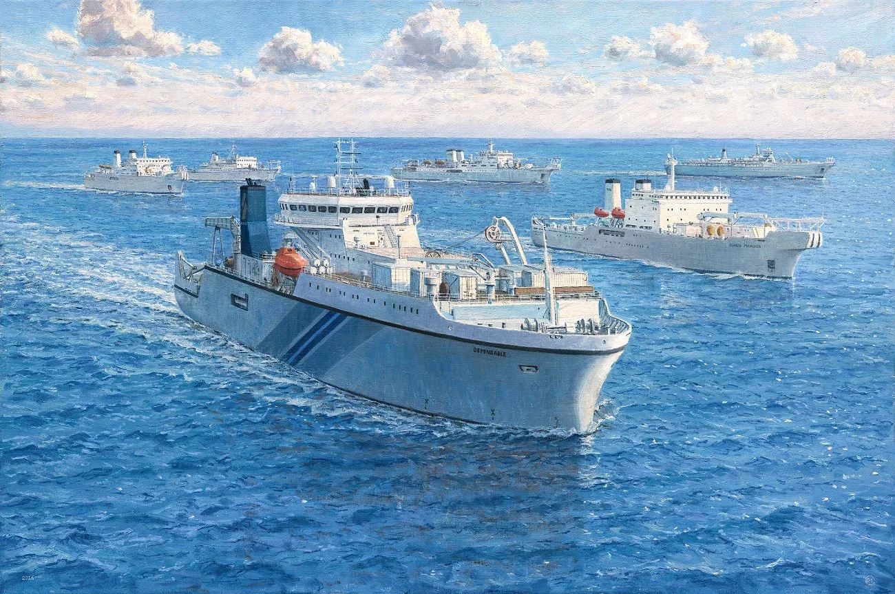 Modern marine oil painting depicting a fleet of modern white cable-laying ships sailing in formation across vibrant deep blue sea under a bright sky.