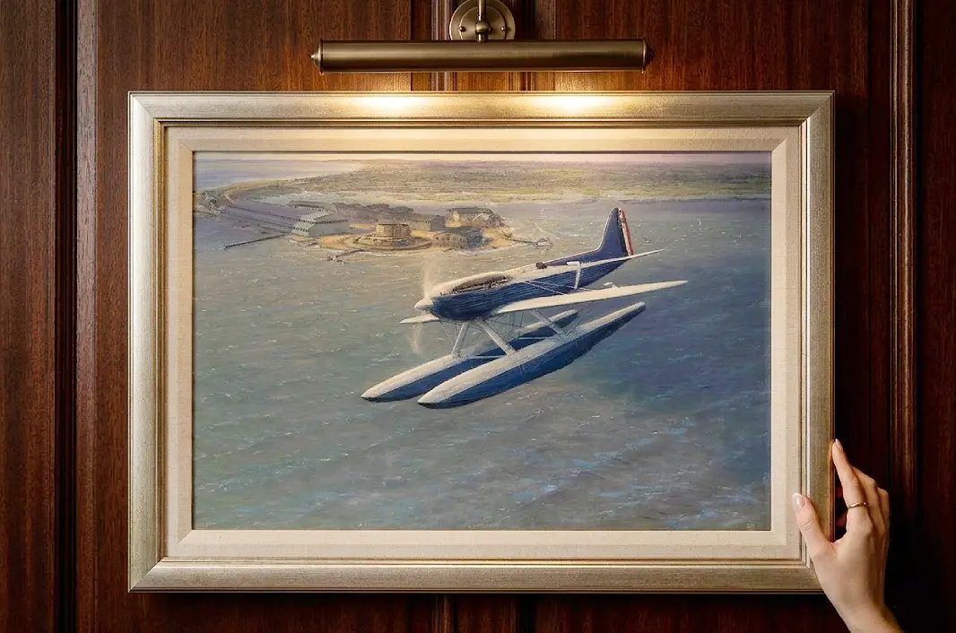 A person's hands adjusting the framed aviation painting against rich dark wooden wall panelling under a warm picture light.
