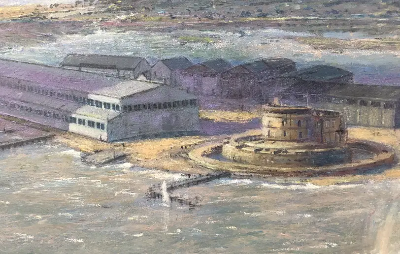Close up of Calshot Spit in the background, showing the detailed brushwork of the historic Calshot Castle and the large RAF seaplane hangars.
