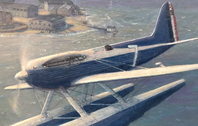 Close up of the Supermarine S.6B, detailing the aerodynamic fuselage, distinct tail markings, and prominent twin floats.