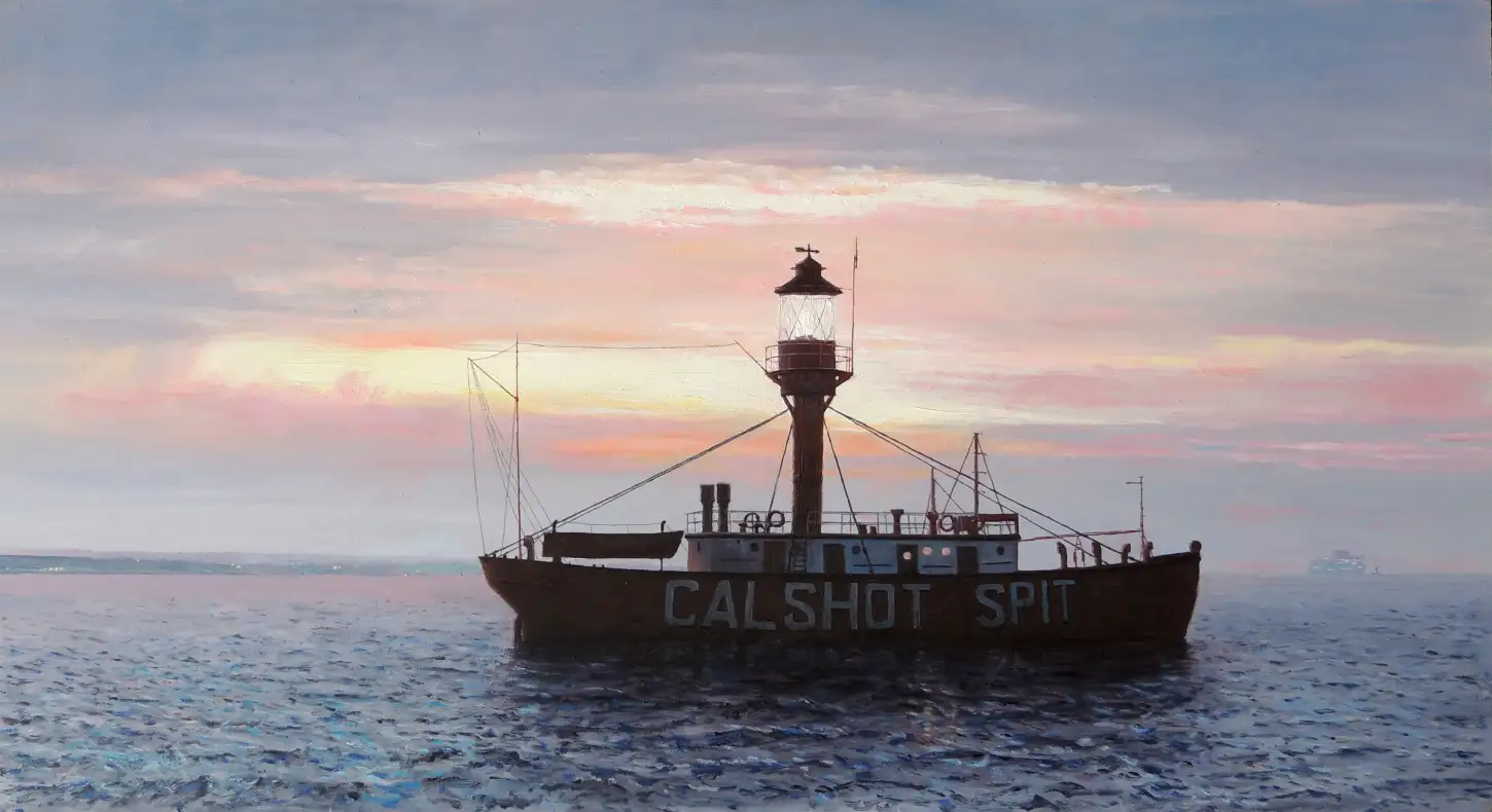 Oil painting showing the Calshot Spit lightship silhouetted against a vibrant, hazy sunset sky. The red hull with white lettering floats on dark, textured blue water.
