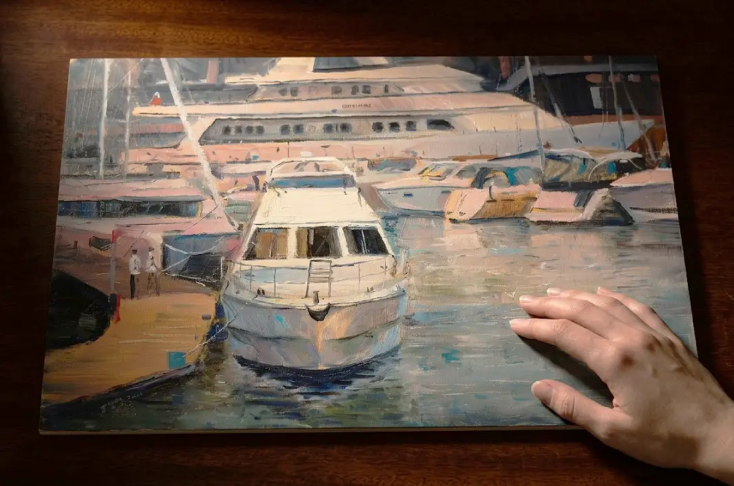 The unframed painted panel held flat against a dark wooden table by a hand.