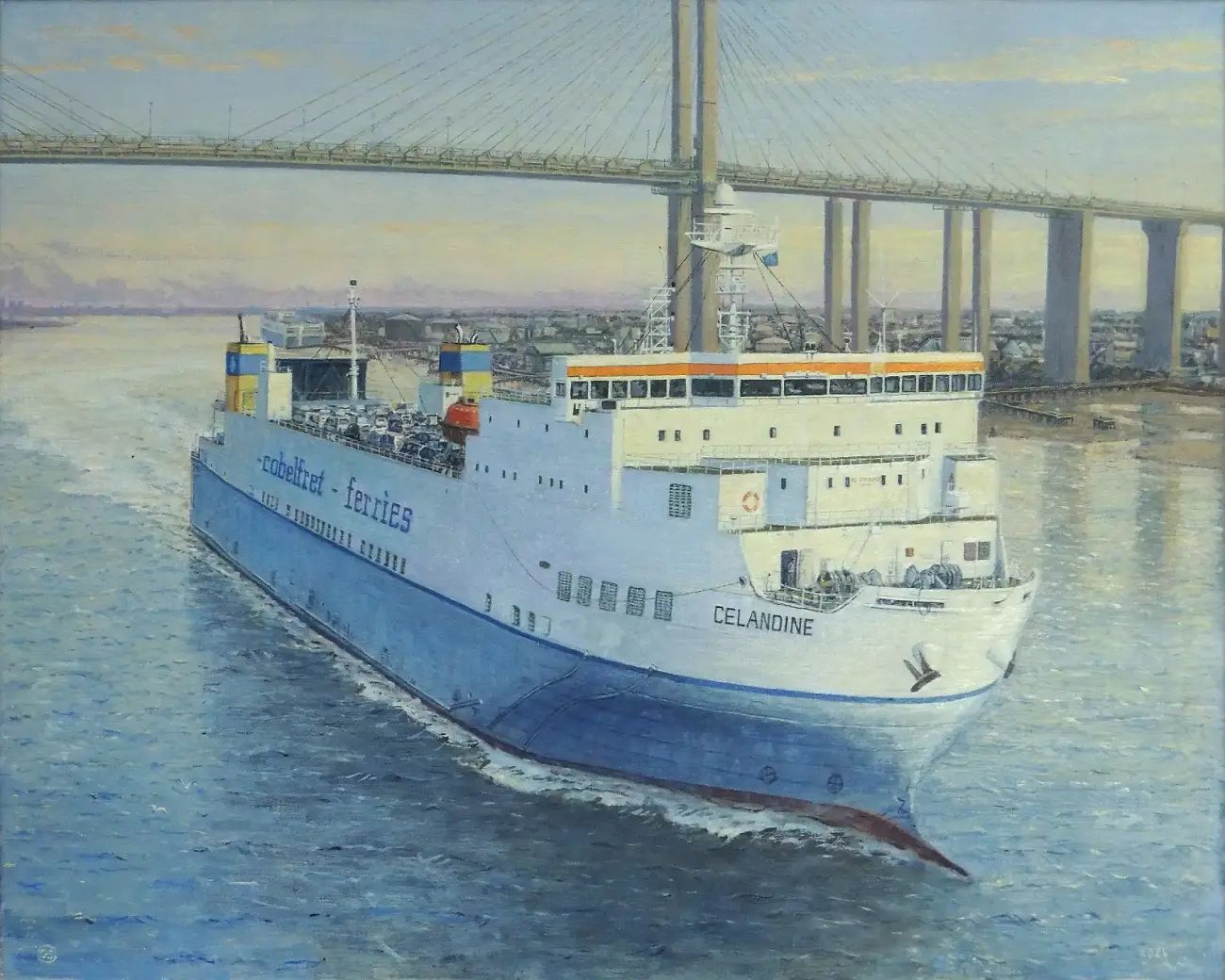 Oil painting of the large blue and white RoRo cargo ferry Celandine sailing on calm waters. The Queen Elizabeth II Bridge stretches across the horizon in the background beneath a pale morning sky.