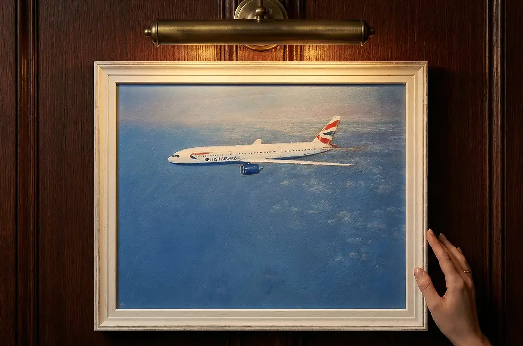 A person's hands adjusting the framed aviation painting against rich dark wooden wall panelling under a warm picture light.