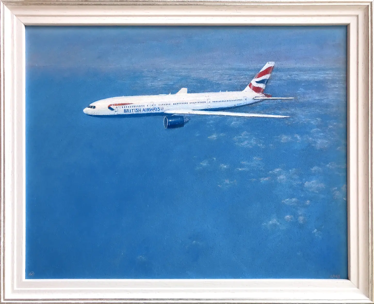 Oil painting in a white wood frame showing a British Airways Boeing 777 aircraft cruising high in the deep blue sky above a textured layer of white clouds.