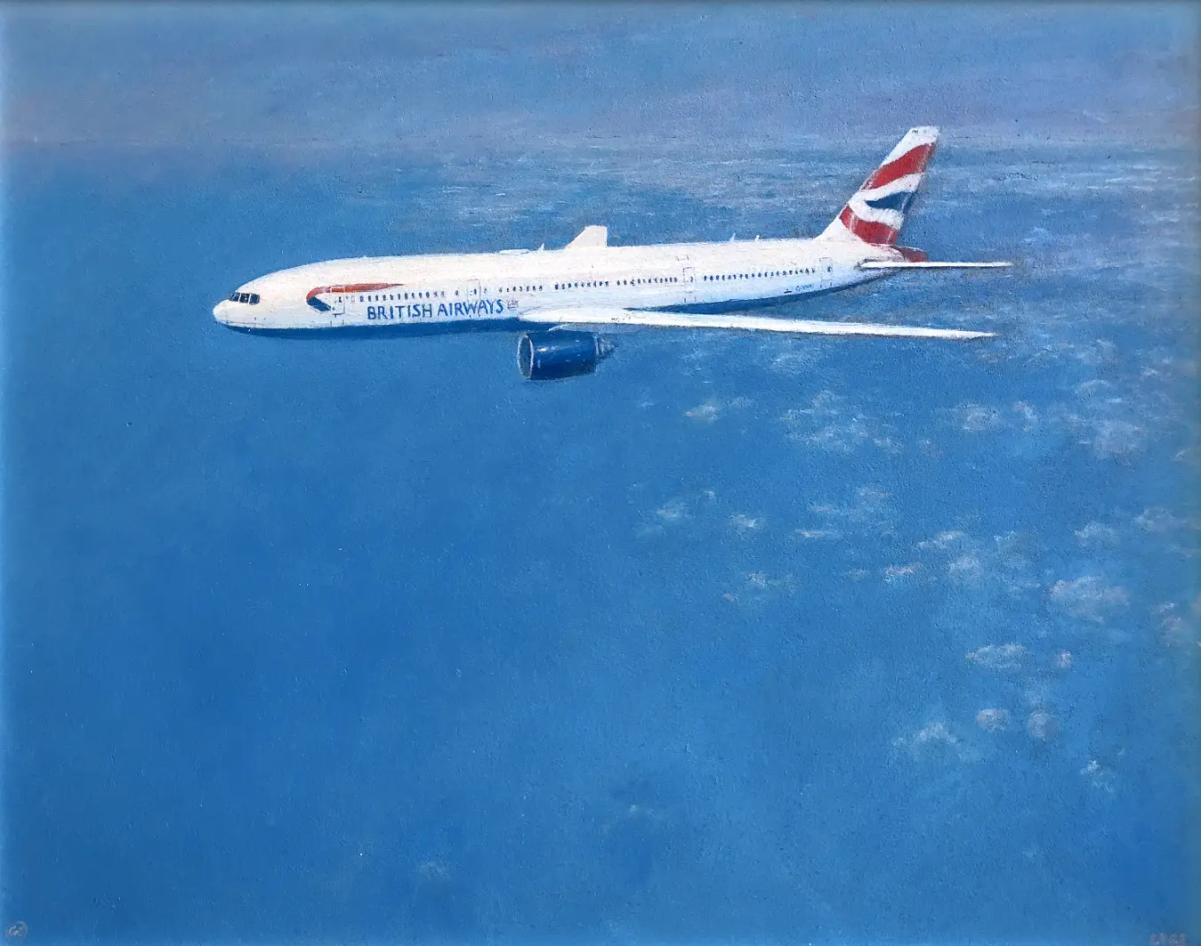 Oil painting of a British Airways Boeing 777 airliner cruising high in a vast blue sky above a layer of soft clouds over the Atlantic.