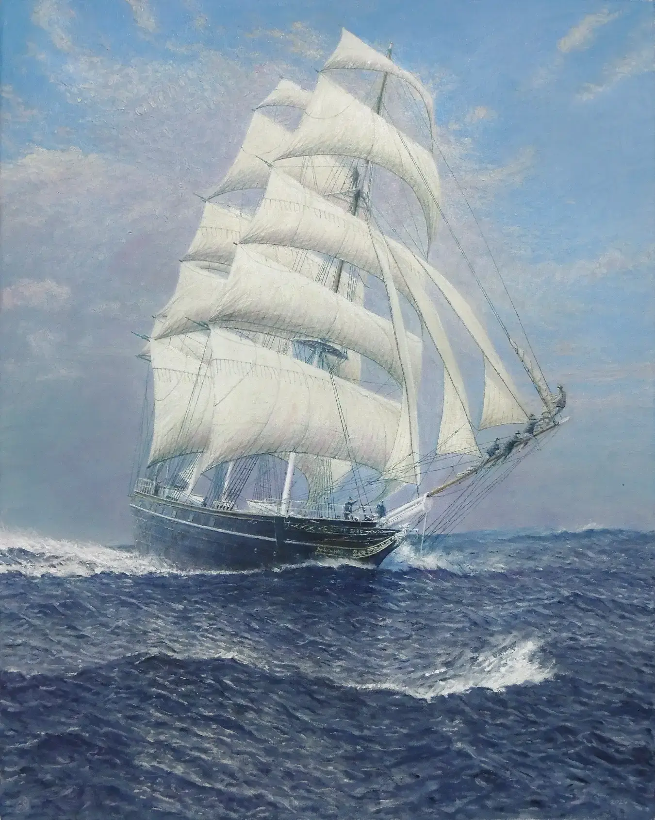 Oil painting of the famous tea clipper Cutty Sark leaning into the wind with full white sails on a deep blue sea.