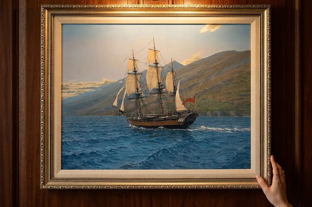 The framed painting held up by two hands against rich dark wooden wall panelling.