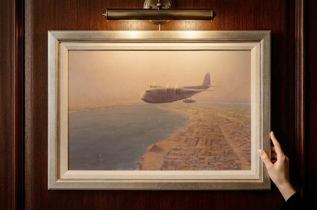 A person's hands adjusting the framed aviation painting against rich dark wooden wall panelling under a warm picture light.