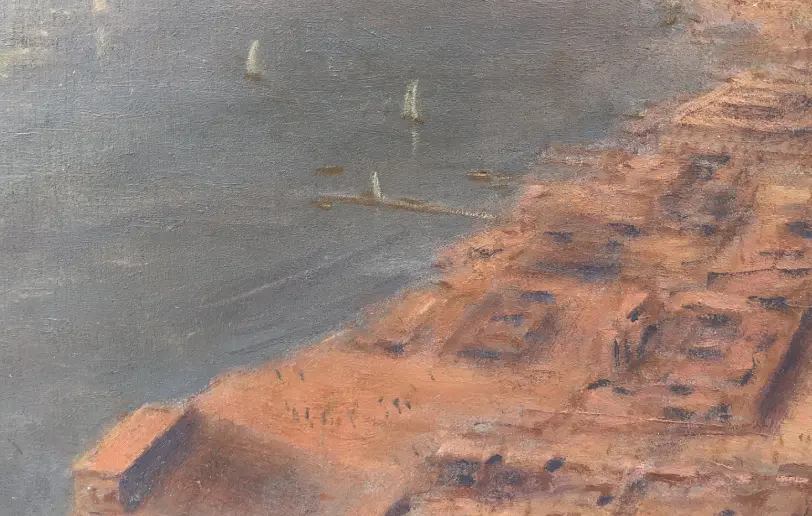 Close up of the left side of the painting, showing the waters of Dubai Creek and traditional boats navigating the hazy evening light.