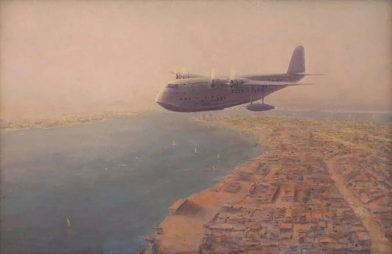 Oil painting of a Short Empire flying boat descending through a warm, hazy evening sky over the old town architecture of Dubai Creek.