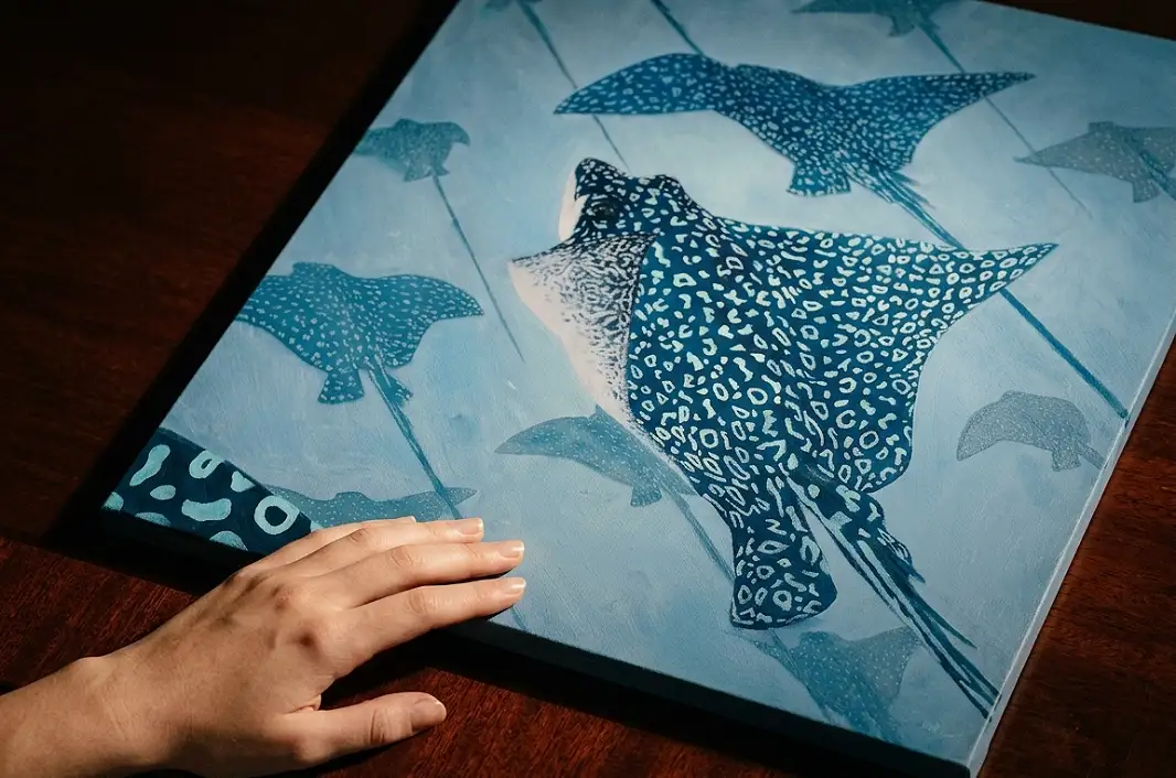 The unframed square painted panel held flat against a dark wooden table by a hand.