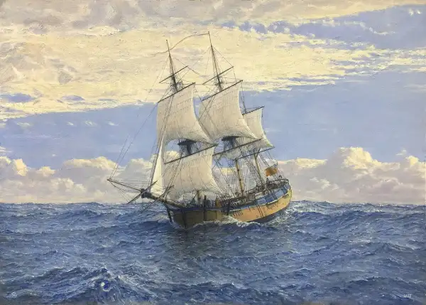 An oil painting of HMB Endeavour navigating through deep blue, choppy ocean waters beneath a soft, cloudy sky.