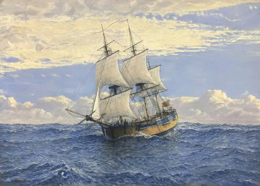 Oil painting of HMS Endeavour under sail at sea by Gregory Smith