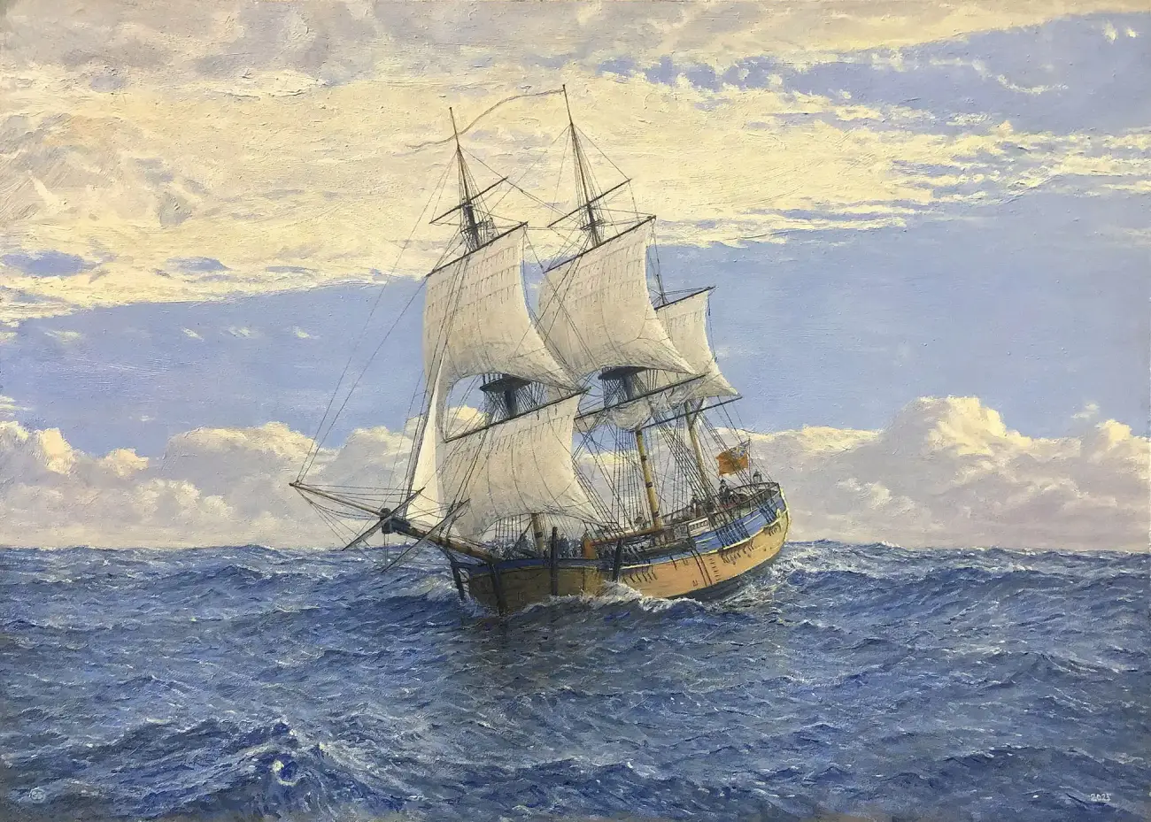 Oil painting of the historic sailing ship HMB Endeavour sailing on deep blue, choppy seas. The wooden vessel features billowing white square-rigged sails and flies a yellow flag, set against a bright sky with low, textured clouds.
