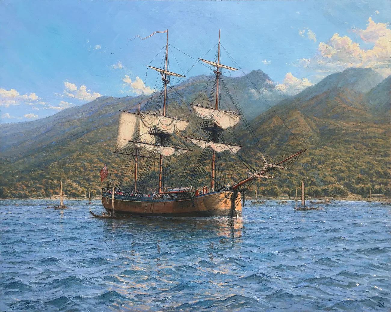 Historical marine oil painting of Captain Cook's HMB Endeavour anchoring off the tropical coastline of Tahiti in 1769 as local canoes approach.