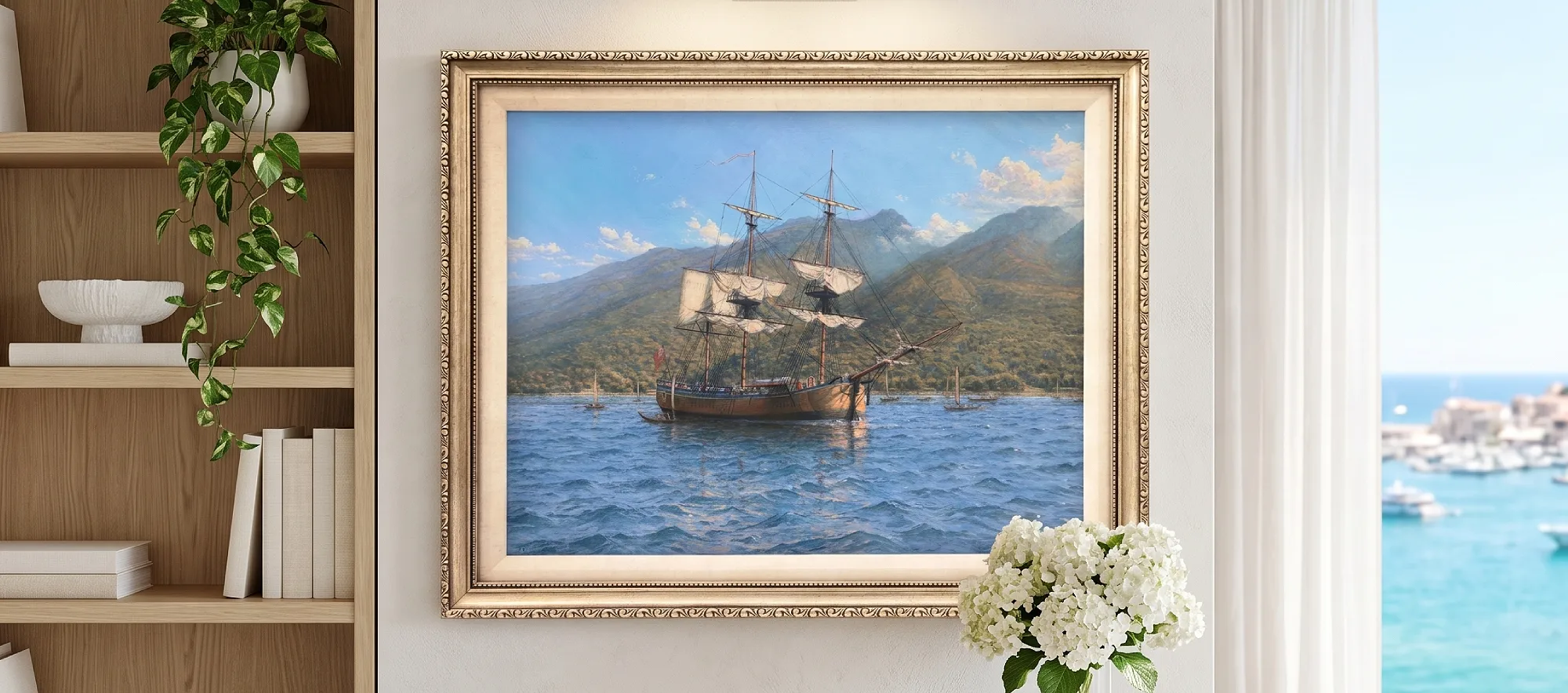 Framed historical oil painting of HMB Endeavour at Tahiti hanging above a light wooden console table decorated with fresh white hydrangeas.